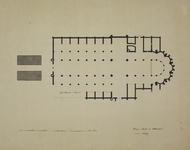 214424 Plattegrond van de Domkerk en de contouren van de Domtoren te Utrecht, voor de instorting in 1674. 